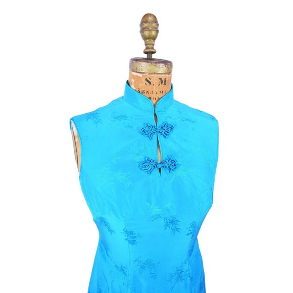 Vintage 1960s Cheongsam Bright Blue Long Dress | W 26" - Picture 3 of 5